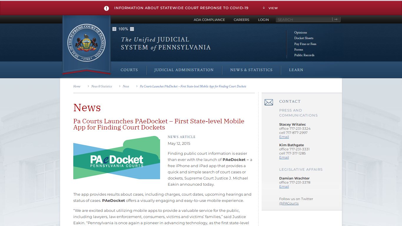 Pa Courts Launches PAeDocket – First State-level Mobile App for Finding ...